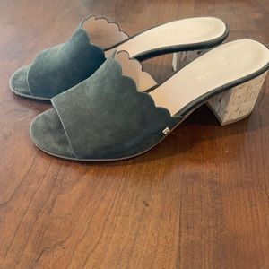 Beautiful green suede Kate Spade slides with cork heels